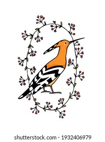 Vector card with hand drawn sweet Hoopoe in graceful floral wreath. Ink drawing, graphic style. Beautiful animal design elements.