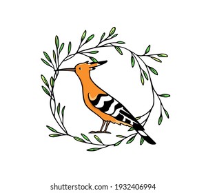 Vector card with hand drawn sweet Hoopoe in graceful floral wreath. Ink drawing, graphic style. Beautiful animal design elements.