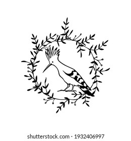 Tarjeta vectorial con Hoopoe dulce dibujado a mano en una elegante corona floral. Dibujo de tinta, estilo gráfico. Bellos elementos de diseño animal.