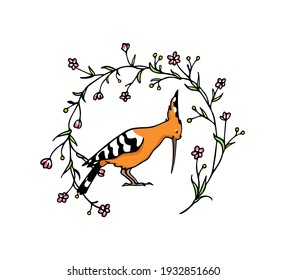 Vector card with hand drawn sweet Hoopoe in graceful floral wreath. Ink drawing, graphic style. Beautiful animal design elements.