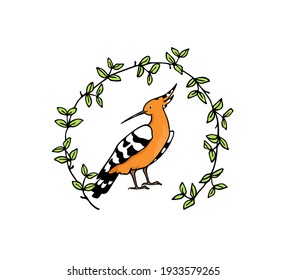 Vector card with hand drawn sweet Hoopoe in graceful leafy floral wreath. Ink drawing, graphic style. Beautiful animal design elements.