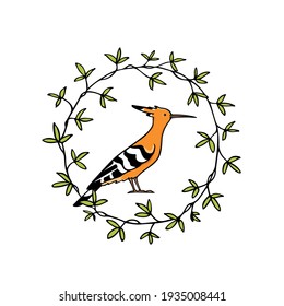 Vector card with hand drawn sweet Hoopoe in graceful leafy floral wreath. Ink drawing, graphic style. Beautiful animal design elements.