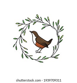 Vector card with hand drawn sweet bird in green leafy wreath made with ink. Perfect animal design elements, logo template