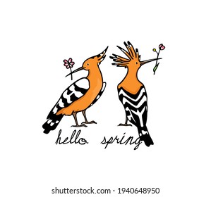 Vector card with hand drawn sweet Hoopoes with graceful flower twigs. Ink drawing, graphic style. Beautiful animal design elements.