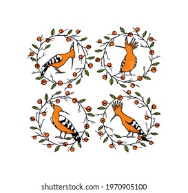 Vector card with hand drawn sweet Hoopoes in graceful persimmon wreath. Ink drawing, graphic style. Beautiful animal design elements.