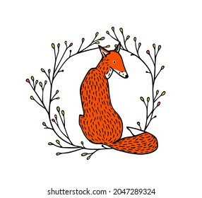 Vector card with hand drawn sweet red fox in floral wreath. Beautiful wild nature design elements, ink drawing. Wonderful illustration of a wild animal made in sweet cartoon style.