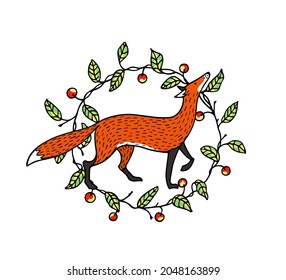 Vector card with hand drawn sweet red fox in floral wreath. Beautiful wild nature design elements, ink drawing. Wonderful illustration of a wild animal made in sweet cartoonish style.