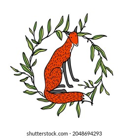 Vector card with hand drawn sweet red fox in green leafy  wreath. Beautiful wild nature design elements, ink drawing. Wonderful illustration of a wild animal made in sweet cartoonish style.