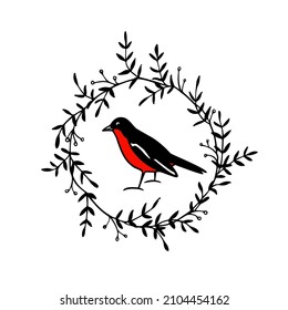 Vektorkarte mit handgezeichnetem, süßem Shrike-Vogel in anmutigem Blumenkranz mit Tinte. Perfekte Elemente für Tierdesign, Logo-Vorlage