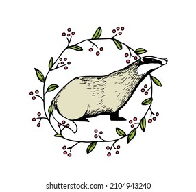 Vector card with hand drawn sweet Badger in graceful floral wreath with red berries made with ink. Perfect animal design elements, logo template