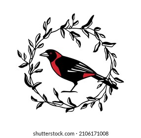 Tarjeta vectorial con pájaro Tanager dulce dibujado a mano en una elegante corona floral negra hecha con tinta. Elementos de diseño animal perfecto, plantilla de logotipo