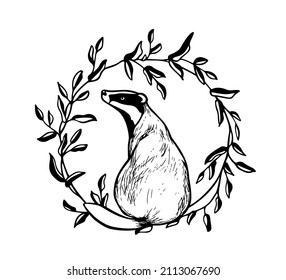 Vector card with hand drawn sweet Badger in graceful black floral wreath made with ink. Perfect animal design elements, logo template