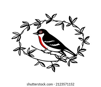 Tarjeta vectorial con pájaro dulce dibujado a mano con pechuga roja en flor floral hecha en estilo gráfico. Dibujo de tinta, hermosa ilustración animal.