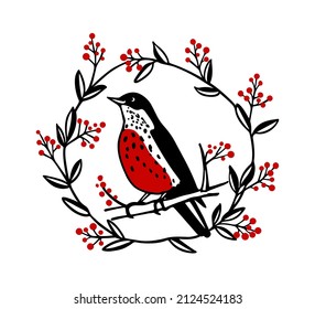 Vector card with hand drawn sweet bird in red berries floral wreath made in graphic style. Ink drawing, beautiful animal illustration.