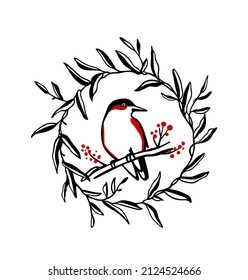 Vector card with hand drawn sweet bird with red berries twigs in floral wreath made in graphic style. Ink drawing, beautiful animal illustration.