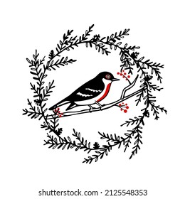 Vector card with hand drawn sweet bird with red berries twig in floral wreath made in graphic style. Ink drawing, beautiful animal illustration.