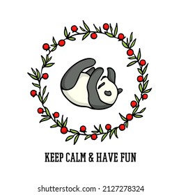 Vector card with hand drawn sweet playful panda in floral wreath with red fruits. Ink drawing, beautiful animal design elements. Logo template