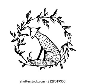 Vector card with hand drawn sweet fox in black floral wreath made in linocut style. Beautiful wild nature design elements, ink drawing.