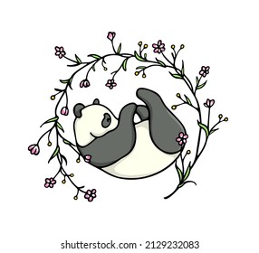 Vector card with hand drawn sweet panda in blooming floral wreath with berries. Ink drawing, beautiful animal design elements. Logo template