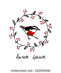 Tarjeta vectorial con pájaro dulce dibujado a mano en bayas rojas floral de corona hecha en estilo gráfico. Dibujo de tinta, hermosa ilustración animal.