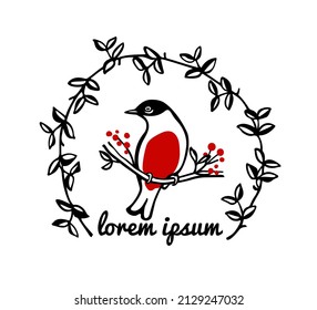 Vector card with hand drawn sweet bird with red berries twigs in floral wreath made in graphic style. Ink drawing, beautiful animal illustration.