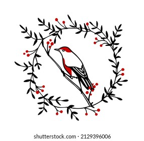 Vector card with hand drawn sweet bird in red berries floral wreath made in graphic style. Ink drawing, beautiful animal illustration.