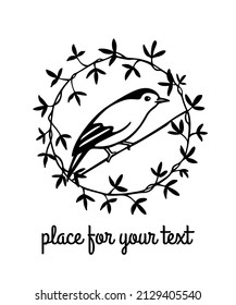 Vector card with hand drawn sweet bird in floral wreath made in graphic style. Ink drawing, beautiful animal illustration.