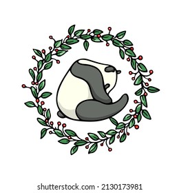 Vector card with hand drawn sweet sleepy panda in green floral wreath with berries. Ink drawing, beautiful animal design elements. Logo template