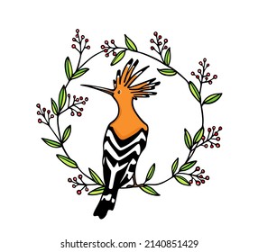 Vector card with hand drawn sweet Hoopoe in graceful floral wreath. Ink drawing, graphic style. Beautiful animal design elements.