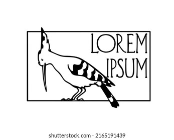 Vector card with hand drawn sweet Hoopoe in austere frame. Ink drawing, graphic style. Beautiful animal design elements, logo template