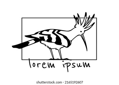 Vektorkarte mit handgezeichnet süßem Hoopoe in scharfem Rahmen. Tintenzeichnung, Grafikstil. Schöne Elemente für Tierdesign, Logo-Vorlage