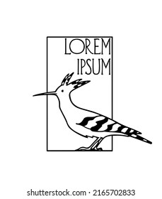 Vector card with hand drawn sweet Hoopoe in austere frame. Ink drawing, graphic style. Beautiful animal design elements, logo template