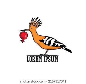 Vector card with hand drawn sweet Hoopoe with pomegranate twig in its beak. Ink drawing, graphic style. Beautiful wildlife design elements.