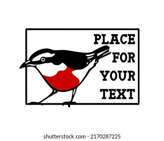 Vector card with hand drawn sweet little bird with red breast in austere frame. Ink drawing, graphic style. Beautiful wild nature design elements, logo template