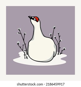 Vector card with hand drawn sweet rock ptarmigan sitting on its eggs. Ink drawing, decorative graphic style. Beautiful northern wild nature design elements