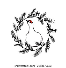 Vector card with hand drawn sweet rock ptarmigan sitting on its eggs in pine wreath. Ink drawing, decorative graphic style. Beautiful northern wild nature design elements