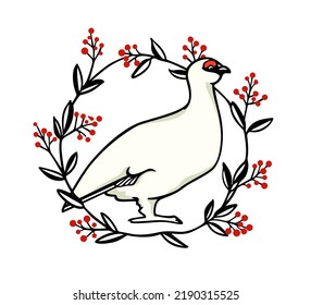 Tarjeta vectorial con ptarmigan de roca dulce dibujado a mano en bayas rojas florales. Dibujo de tinta, estilo gráfico decorativo. Hermosos elementos de diseño natural silvestre del norte
