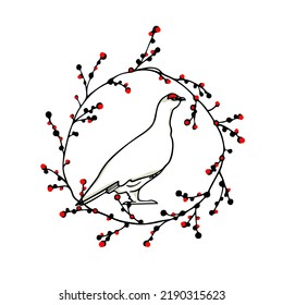 Vector card with hand drawn sweet rock ptarmigan in floral red berries wreath. Ink drawing, decorative graphic style. Beautiful northern wild nature design elements