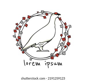 Vector card with hand drawn sweet rock ptarmigan in red and white flowers wreath. Ink drawing, decorative graphic style. Beautiful northern wild nature design elements