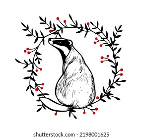 Vector card with hand drawn sweet sitting badger in floral red berries wreath. Ink drawing, graphic style. Perfect design elements, animal illustration