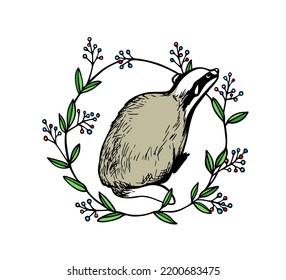 Tarjeta vectorial con placa de asiento dulce dibujada a mano en bayas florales. Dibujo de tinta, estilo gráfico. Elementos de diseño perfectos, ilustración animal