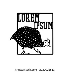 Vector card with hand drawn sweet helmeted guinea fowl made in cartoon style in austere frame. Ink drawing, graphic illustration, heavy contour. Beautiful design elements
