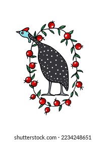 Vector card with hand drawn sweet guinea fowl in elegant pomegranate wreath with ripe fruits. Ink drawing, graphic illustration, heavy contour. Beautiful design elements