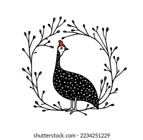 Vector card with hand drawn sweet guinea fowl in elegant floral wreath with red berries. Ink drawing, graphic illustration, heavy contour. Beautiful design elements