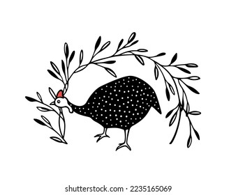 Vector card with hand drawn sweet guinea fowl in elegant floral wreath. Ink drawing, graphic illustration, heavy contour. Beautiful design elements