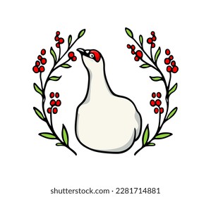 Tarjeta vectorial con petarmigan de rock dulce dibujado a mano en corona floral con bayas rojas. Dibujo de tinta, estilo gráfico. Hermosos elementos de diseño animal, perfectos para el diseño del logo