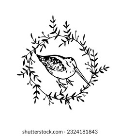 Vector card with hand drawn sweet Snipe in graceful floral wreath. Ink drawing, decorative graphic style. Beautiful animal or hunting club design elements