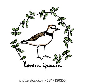 Vector card with hand drawn sweet plover in graceful floral wreath. Ink drawing, decorative graphic style. Beautiful animal or bird watching club design elements, perfect for logo design