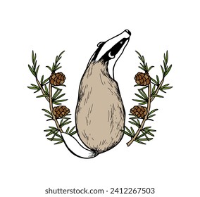 Vector card with hand drawn sweet badger in fir-tree wreath. Perfect design elements, ink drawing, wild animal illustration