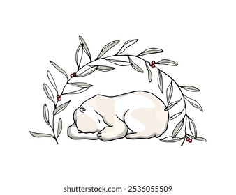 Vector card with hand drawn sweet polar bear sleeping in a floral wreath with red berries. Ink drawing, graphic style. Beautiful cold season illustration, lovely character